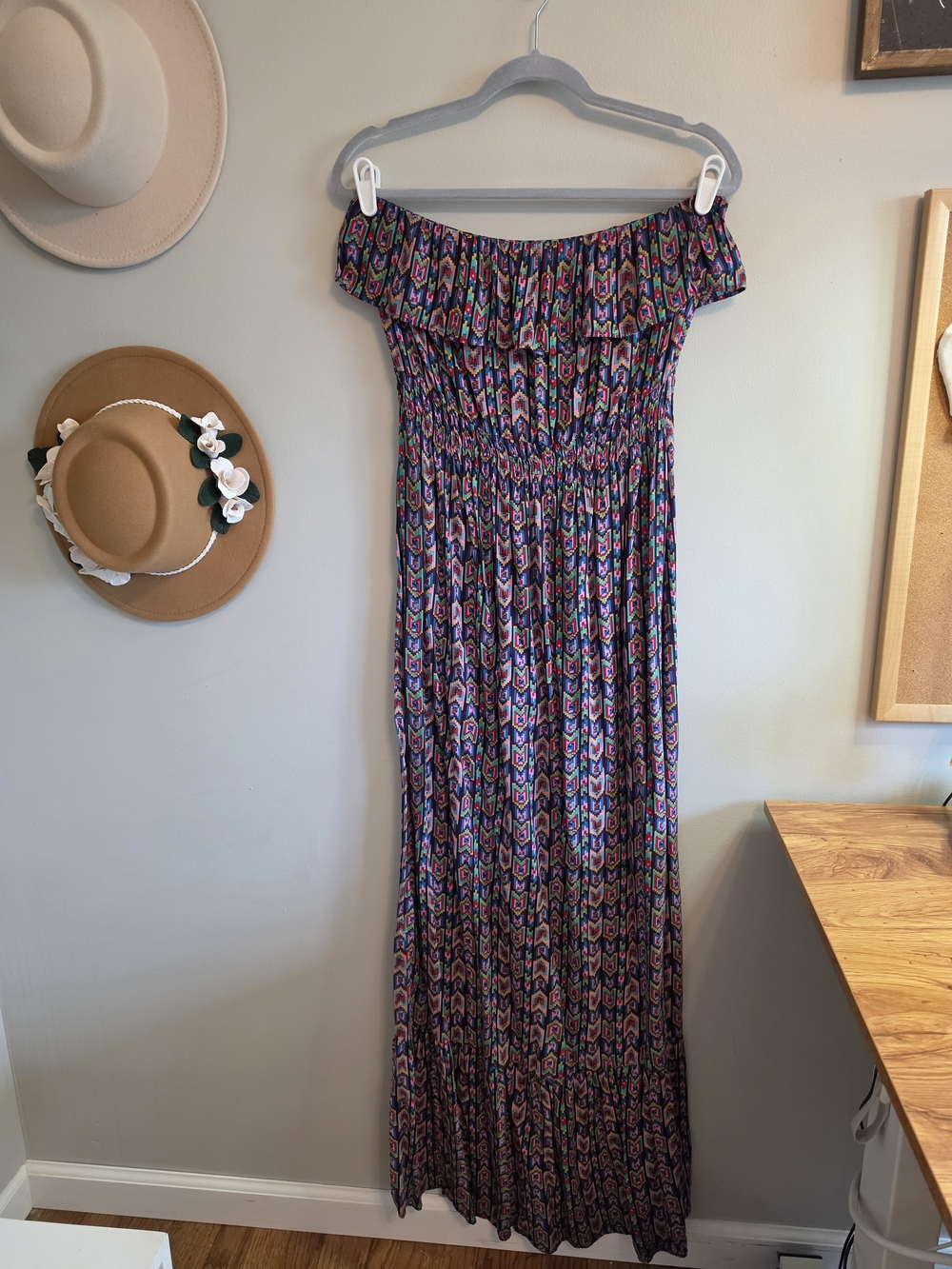 Forever 21 Off-Shoulder Maxi Dress in Purple, Pink & Blue Geometric Print